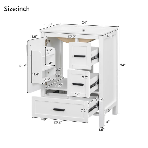 English Elm Modern 24 Inch Bathroom Vanity Solid Wood Cabinet with Ceramic Sink and Soft Close Storage White N729P292859K