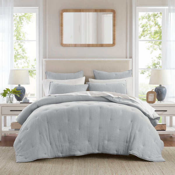 English Elm 3-piece King Cotton Muslin Quilt Set Crinkled Embroidered Coastal Farmhouse Bedding B035P408346