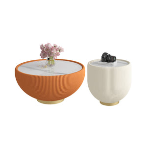 English Elm Modern Sintered Stone Round Side Table Leather Edge Brass Base Living Room Accent Beige,Gold,Marble W3081P293643