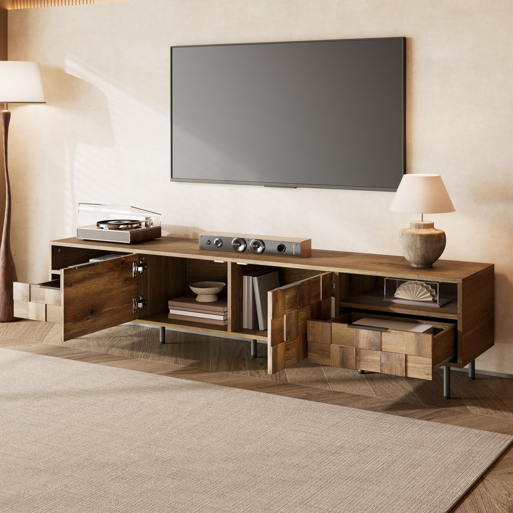 English Elm Mid Century Modern Tv Stand 79 Inch Wood Tone Console with Drawers for Living Room N710P401530P