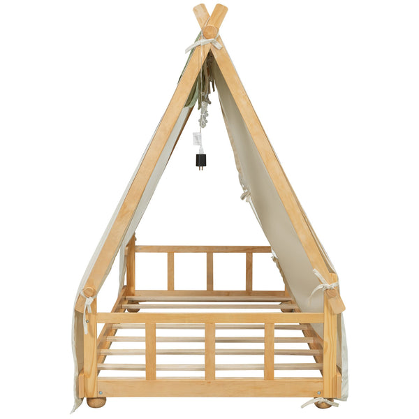 English Elm Twin Cabin Bed with Detachable Tent Skylight and Woodland Deer Antler Accents White N708P356716K
