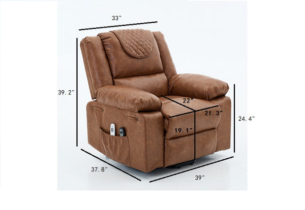 English Elm Brown PU Remote-Controlled Heating Massage Recliner for Seniors with Assist Lift, Cup Tray & Remote Controls W570P320458