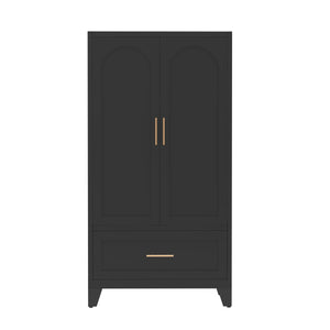 English Elm 60" Powder-coated Steel Wardrobe with Hanging Rod Drawer and Shelf for Slim Spaces W3387P396209