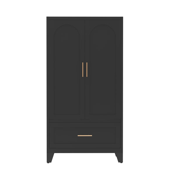 English Elm 60" Powder-coated Steel Wardrobe with Hanging Rod Drawer and Shelf for Slim Spaces W3387P396209