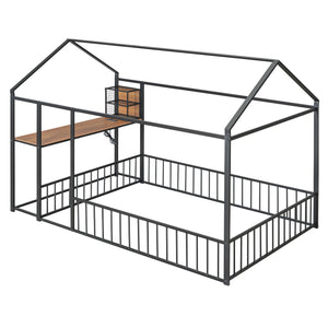 English Elm Full Size Metal House Bed Frame with Desk, Shelves, USB Power Ports & Playful Roof for Kids Room Delight Black N737P173491B