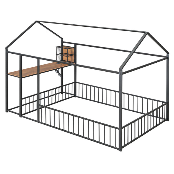 English Elm Full Size Metal House Bed Frame with Desk, Shelves, USB Power Ports & Playful Roof for Kids Room Delight Black N737P173491B
