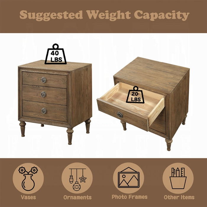 English Elm Inverness Three Drawer Nightstand Reclaimed Oak Farmhouse Bedroom Wood Legs B2726P475048