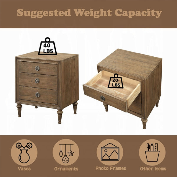 English Elm Inverness Three Drawer Nightstand Reclaimed Oak Farmhouse Bedroom Wood Legs B2726P475048