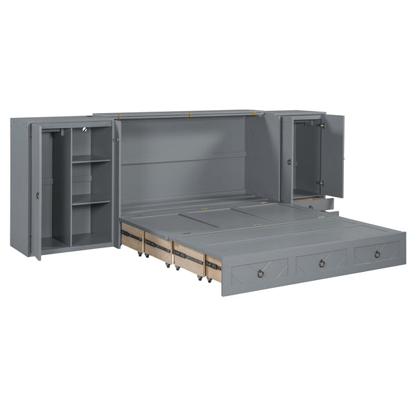 English Elm Queen Murphy Bed with Wardrobe Cabinets Built-in Usb Charging and Concealed Drawers Gray LP000590AAE