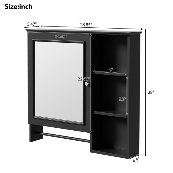 English Elm Wall Mounted Bathroom Storage Cabinet with Large Mirror, Adjustable Shelves, Towel Rack & Durable MDF Black N729P180116B
