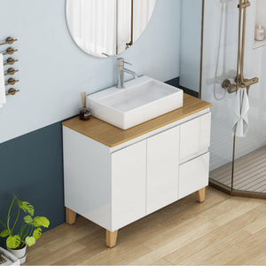 English Elm 36-inch Glossy White Bathroom Vanity with Ceramic Sink Soft Close Drawers Minimalist W3151S00072