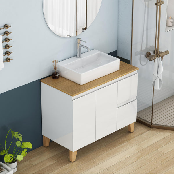 English Elm 36-inch Glossy White Bathroom Vanity with Ceramic Sink Soft Close Drawers Minimalist W3151S00072