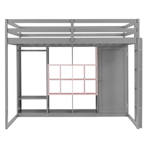 English Elm Twin Loft Bed with Wardrobe Shelves and Cabinet Kids Bedroom Wood Storage Frame Pink+Grey N708S00024E