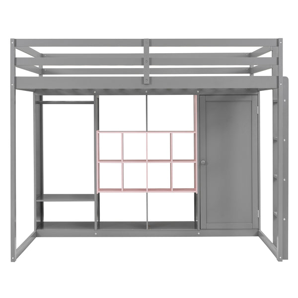 English Elm Twin Loft Bed with Wardrobe Shelves and Cabinet Kids Bedroom Wood Storage Frame Pink+Grey N708S00024E