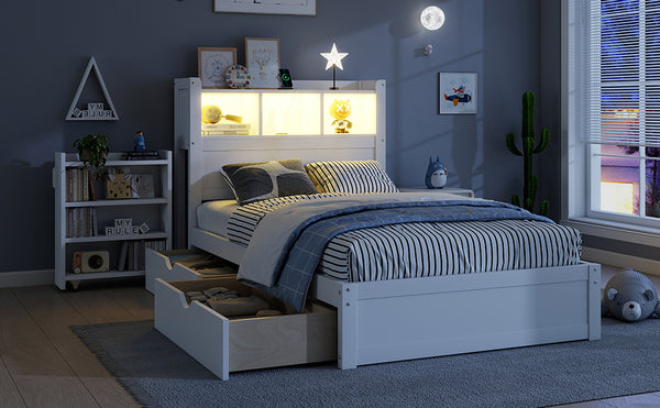 English Elm Twin Wood Storage Bed with Led Headboard Drawers and Pull Out Cabinet for Kids White W2593S00048