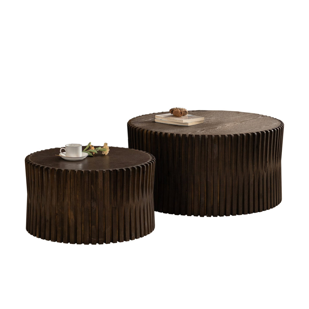 English Elm Vintage Cylindrical Nesting Coffee Table Set, Textured Embossed Wood Accent Tables for Living Room Dark Brown W757P195739