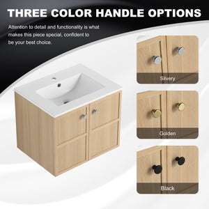 English Elm 24" Modern Wall Vanity with Ceramic Sink, Oak Plywood Cabinet, 2 Soft-Close Doors, Handles Included W1972S00021