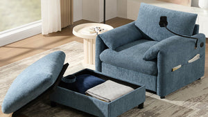 English Elm 37" Oversized Chenille Armchair with Ottoman Usb Charging Pocket Spring Living Room Blue N723P387145C