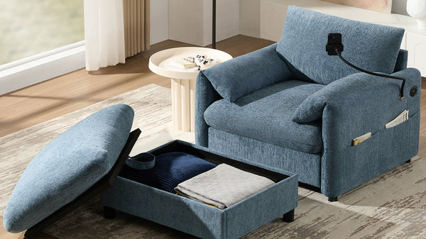 English Elm 37" Oversized Chenille Armchair with Ottoman Usb Charging Pocket Spring Living Room Blue N723P387145C