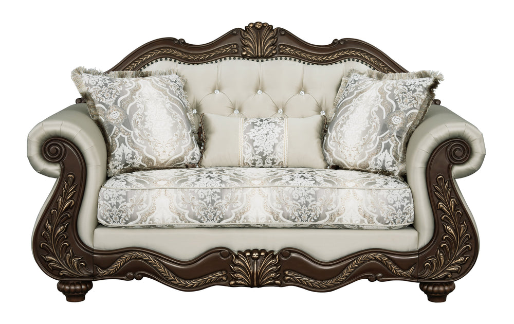 English Elm Pierce Elegant Beige Fabric Loveseat with Cherry Finish, Tufted Detail, Pocket Coils & 3 Pillows B2726S00275