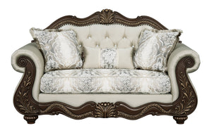 English Elm Pierce Elegant Beige Fabric Loveseat with Cherry Finish, Tufted Detail, Pocket Coils & 3 Pillows B2726S00275