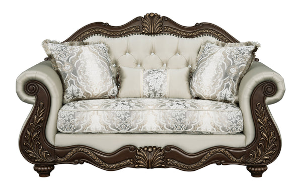 English Elm Pierce Elegant Beige Fabric Loveseat with Cherry Finish, Tufted Detail, Pocket Coils & 3 Pillows B2726S00275