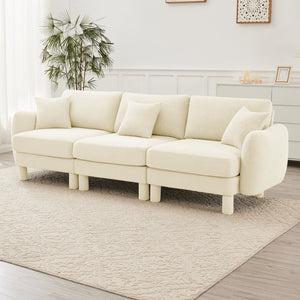 English Elm Boucle 3-Seater Sofa With Chic Shell-Shaped Armrests, Cylindrical Legs, And Plush Beige Upholstery W3041S00276