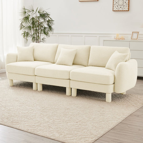 English Elm Boucle 3-Seater Sofa With Chic Shell-Shaped Armrests, Cylindrical Legs, And Plush Beige Upholstery W3041S00276