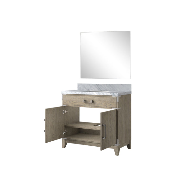 English Elm Grey Oak Single Bath Vanity 36in W x 22in D with Carrara Marble Top, Soft-Close Storage & 34in Mirror B2731S01462
