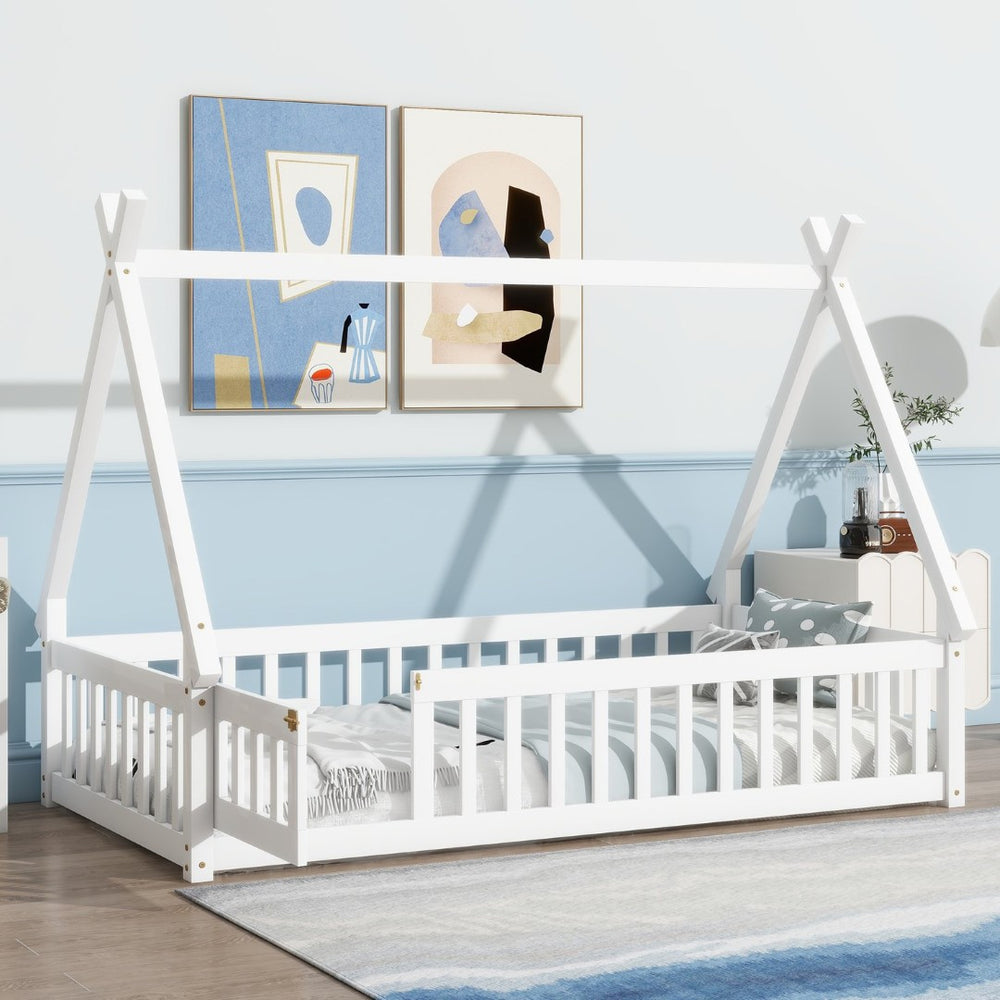 English Elm Twin Teepee Floor Bed With Guardrails - Whimsical White Design For Cozy Child'S Room Decor W504P345781-GIGA