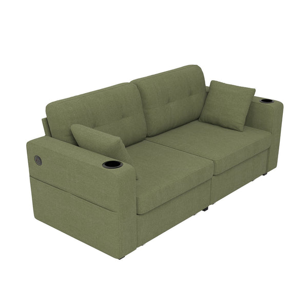 English Elm Sofas for Living Room Chenille Three Seat Couch with Usb Charging Storage and Cup Holder Olive W395S00146