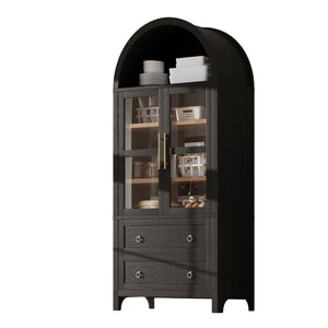English Elm K&K 71" Arched Kitchen Pantry Cabinet with Glass Doors, Adjustable Shelves, Soft-Close Drawers Black N707P288972B