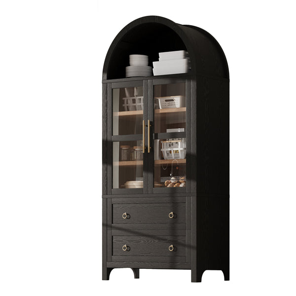 English Elm K&K 71" Arched Kitchen Pantry Cabinet with Glass Doors, Adjustable Shelves, Soft-Close Drawers Black N707P288972B