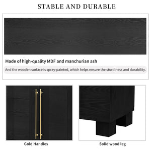 English Elm Trexm Ash Veneer Buffet with Gold Handles Matte Black Lacquer Dining Storage N715P232696B
