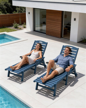 English Elm Patio Hdpe Chaise Lounge Outdoor Reclining Poolside Chair with Built-in Cup Holder Blue W1859P478592