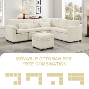 English Elm 97 Inch L-shaped Chenille Sectional Sofa with Sleeper Storage Ottoman 7 Seats Beige W1669S00017
