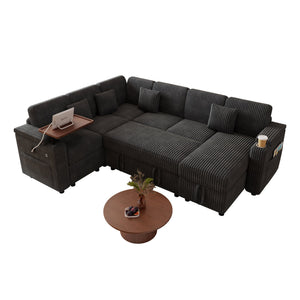 English Elm 100-inch Corduroy U-shaped Sectional Sleeper Sofa with Usb Port and Hidden Storage Dark Gray W2564S00135