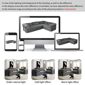 English Elm U_style Modular Corduroy Sectional Sofa Converts to Guest Bed for Apartment Living Grey WY000463AAE