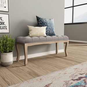 English Elm Bedroom Bench Tufted Linen Seat with Carved Distressed Wood Legs French Country Style Grey W3244P493669