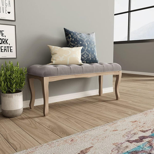 English Elm Bedroom Bench Tufted Linen Seat with Carved Distressed Wood Legs French Country Style Grey W3244P493669