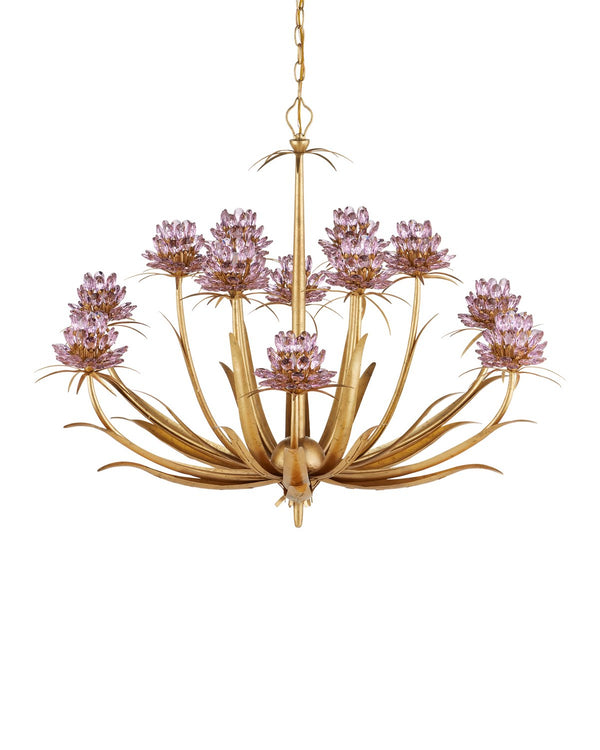 Currey & Company Marilee Medium Chandelier - Elegant Floral Design With Dutch Gold Leaf Finish & Crystal Accents Pink Crystal ,Wrought Iron 9000-1307-currey-company