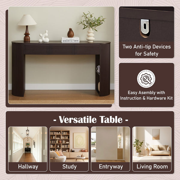 English Elm [video] Retro Fluted Console Table with 3 Drawers Open Niche Mid-century Entryway Espresso N759P283616D