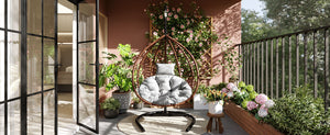 English Elm U_style Wicker Hanging Egg Chair with Stand Foldable Indoor Outdoor Swing Seat Brown+Gray N711P389502G