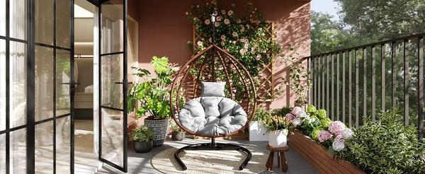 English Elm U_style Wicker Hanging Egg Chair with Stand Foldable Indoor Outdoor Swing Seat Brown+Gray N711P389502G