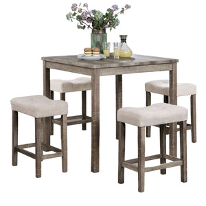 English Elm Transitional 5pc Counter Height Dining Set – Gray Farmhouse Table with 4 Beige Linen-Like Tufted Stools B011P230005