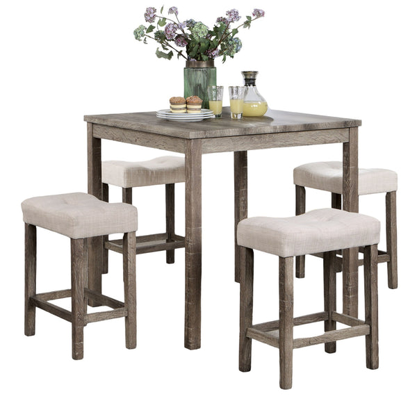 English Elm Transitional 5pc Counter Height Dining Set – Gray Farmhouse Table with 4 Beige Linen-Like Tufted Stools B011P230005