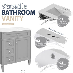 English Elm 30'' Modern Bathroom Vanity with Integrated Mirror Cabinet, Ceramic Sink, 3 Drawers & Ample Storage Grey SW000126AAE-1
