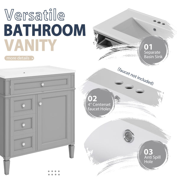English Elm 30'' Modern Bathroom Vanity with Integrated Mirror Cabinet, Ceramic Sink, 3 Drawers & Ample Storage Grey SW000126AAE-1