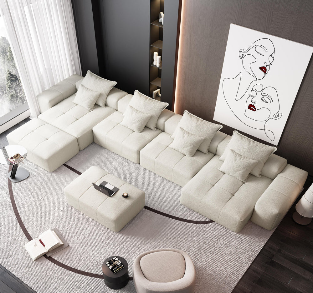 English Elm Modern Modular Sectional Sofa - Luxurious Chenille Fabric, 8 Pillows, No Assembly Needed, Beige/White W1885S00069