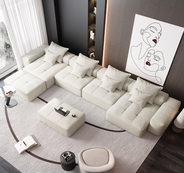 English Elm Modern Modular Sectional Sofa - Luxurious Chenille Fabric, 8 Pillows, No Assembly Needed, Beige/White W1885S00069